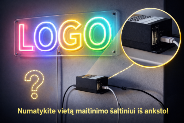LED neoninis ženklas ant skaidraus pagrindo su matomu maitinimo šaltiniu šalia sienos