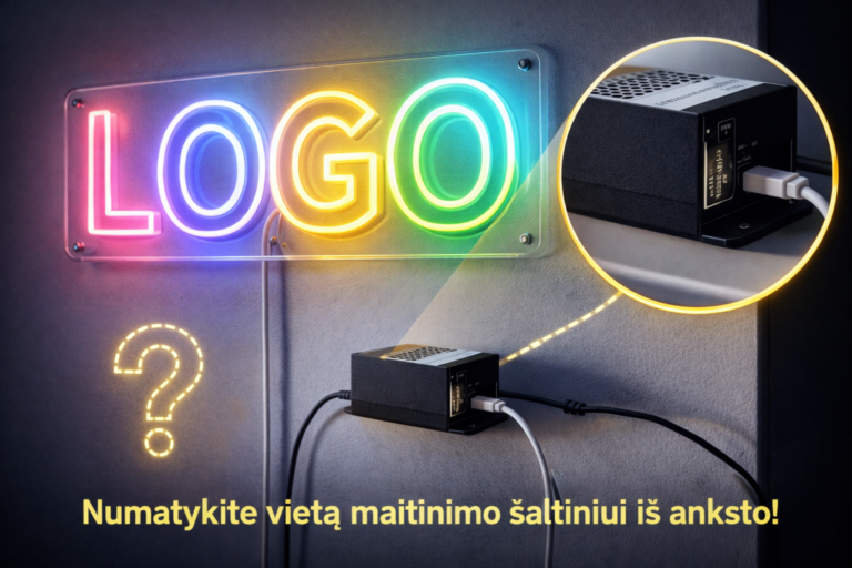 LED neoninis ženklas ant skaidraus pagrindo su matomu maitinimo šaltiniu šalia sienos