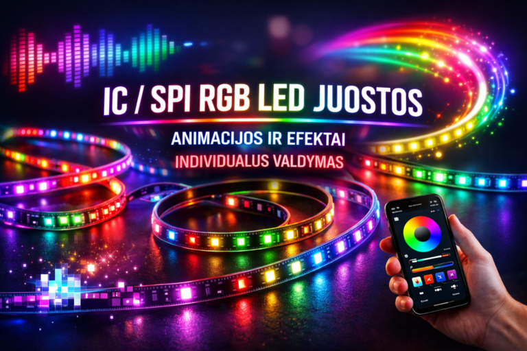 Programuojamos IC / SPI RGB LED juostos su spalvotomis animacijomis, individualiai valdomais segmentais ir valdymu telefonu
